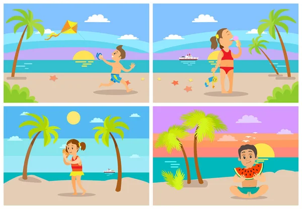 Kids at Beach Seaside Coastal Vacations Flat Style — Stock Vector