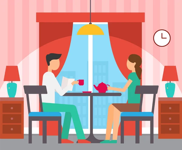 Άντρας και γυναίκα κάθονται στο τραπέζι στο δωμάτιο διάνυσμα — Διανυσματικό Αρχείο