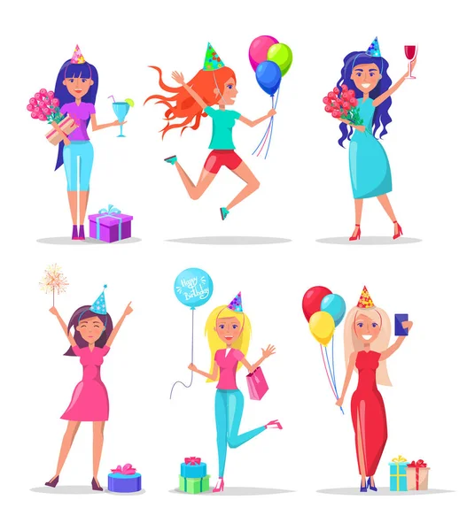 Mujeres celebrando cumpleaños, regalo y globos — Vector de stock