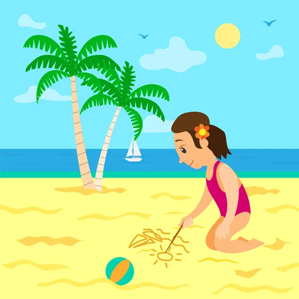 Sommerurlaub Mädchen Zeichnung Bild auf Sand Vektor — Stockvektor