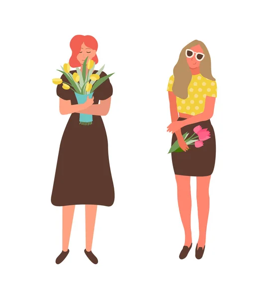 Ensemble de bouquets de tulipes jaunes et roses pour femmes — Image vectorielle