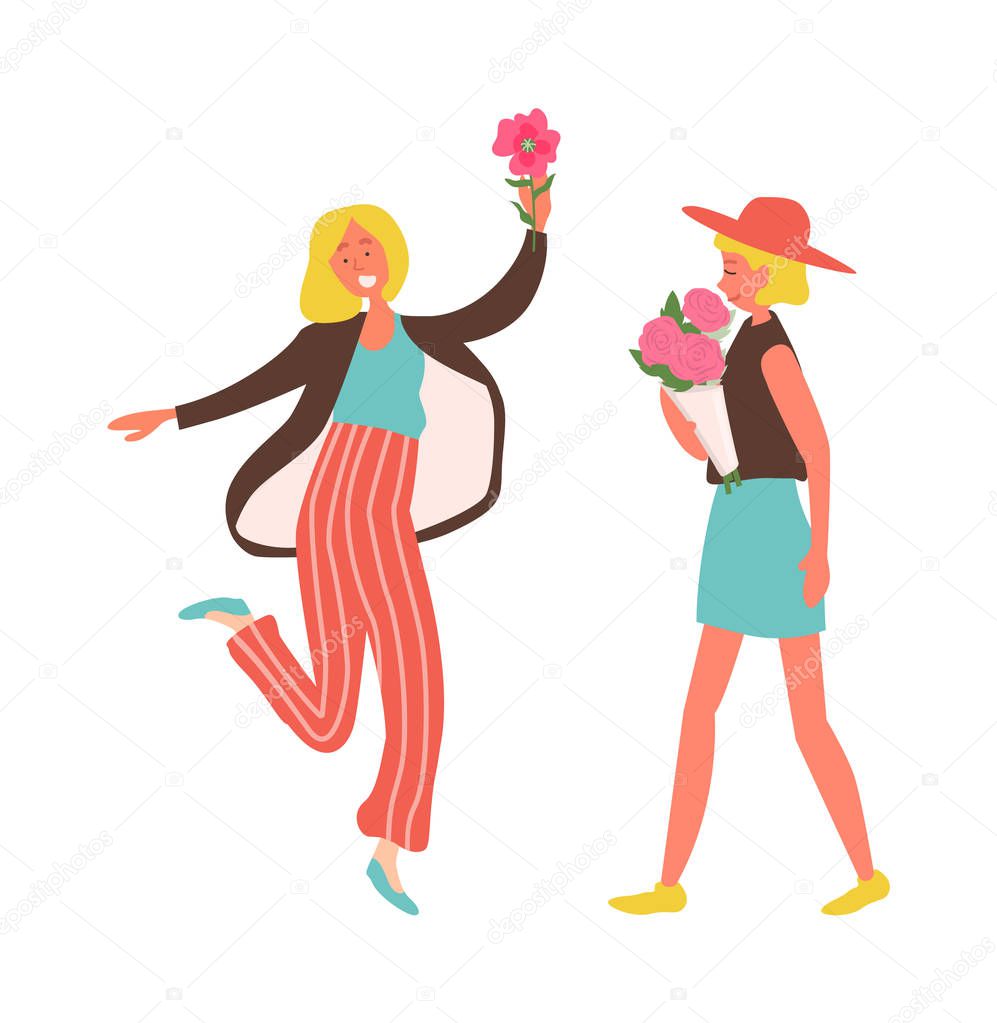 Happy Woman with Flowers, Jumping Lady on Holiday