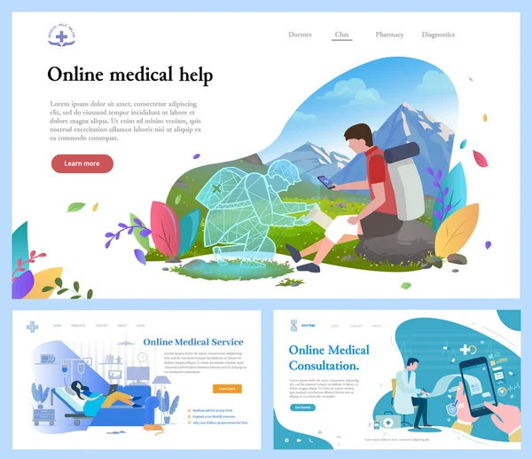 Set di siti web di assistenza e consultazione medica online — Vettoriale Stock