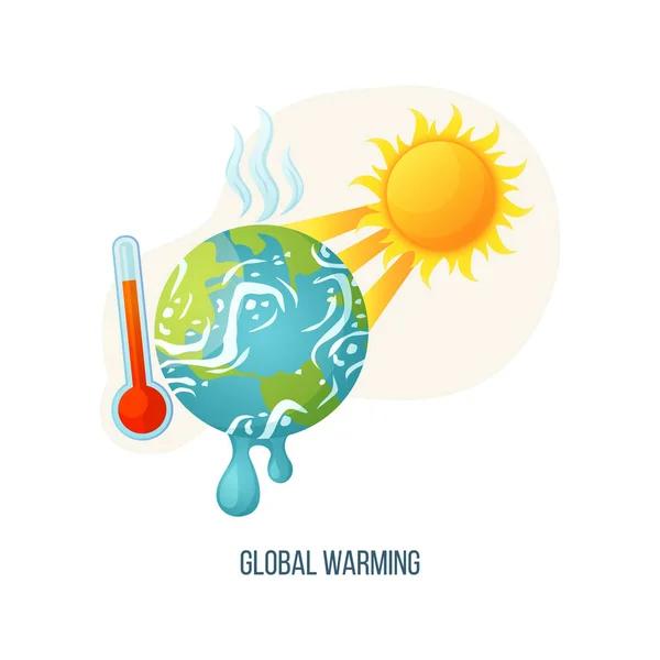 Calentamiento global de la Tierra con sol y termómetro — Vector de stock