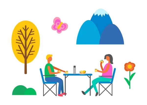 Gente haciendo picnic, comiendo comida rápida en la naturaleza — Vector de stock