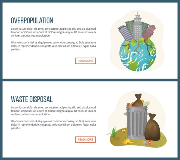 Conjunto de sitios web de superpoblación y eliminación de residuos — Archivo Imágenes Vectoriales