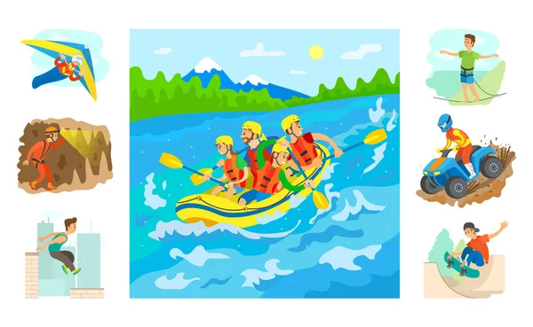 Rafting en la naturaleza y los artistas deportivos extremos — Vector de stock