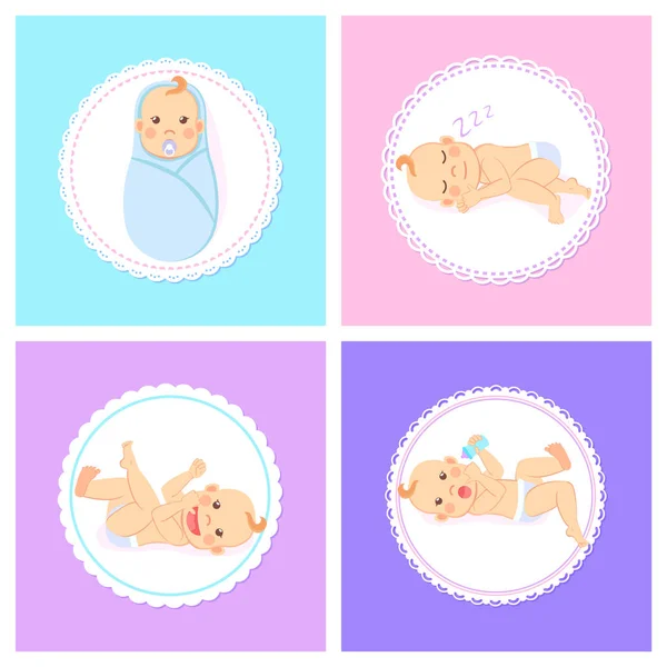 Milestones do bebê de 1 a 6 meses Cartões de saudação —  Vetores de Stock