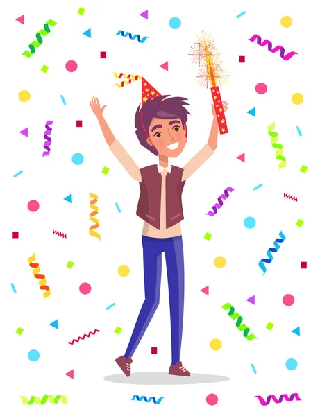 Compleanno uomo Holding Sparkler, Confetti Vector — Vettoriale Stock