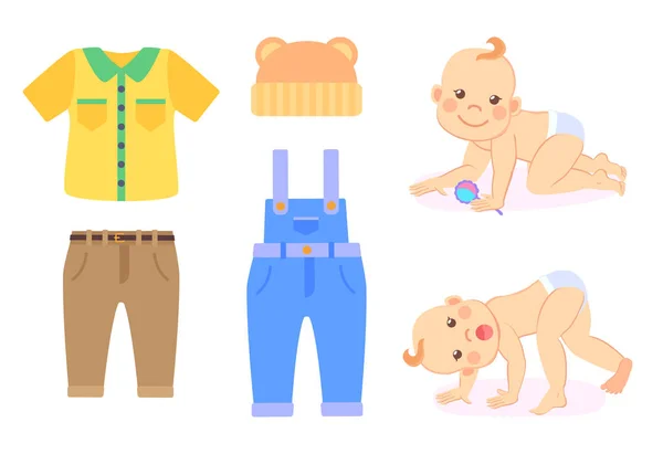 Bambino e vestiti da indossare, bambino in pannolino isolato — Vettoriale Stock