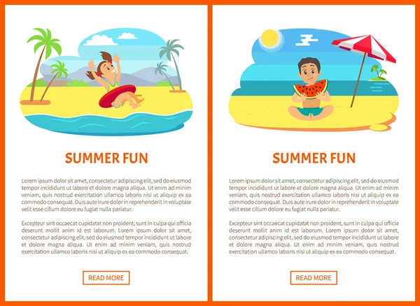 Summer Fun Poster, Swimming and Eating Vector - Stok Vektor