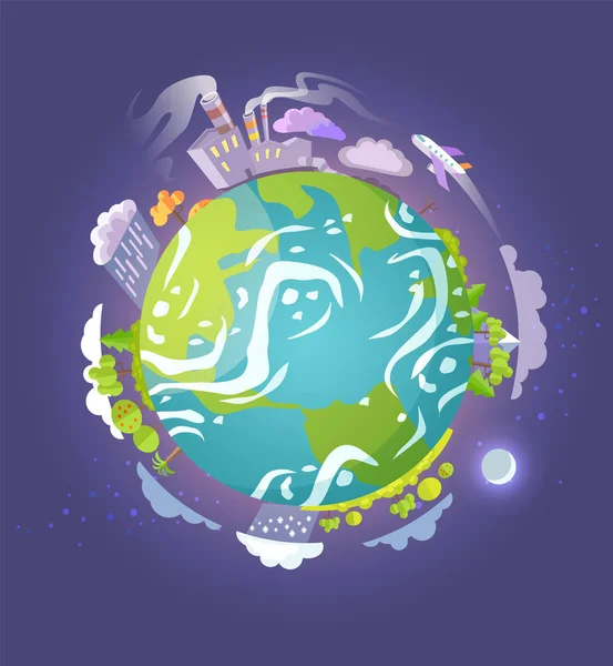 Земной глобус с небоскребами и выбросами газа — стоковый вектор