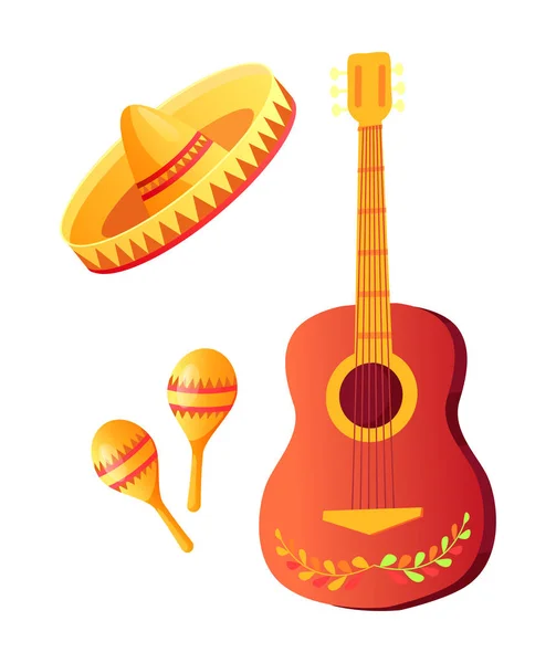 Cinco de Mayo Akustik Gitar ve Sombrero Şapka — Stok Vektör