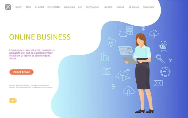 Affiche Web d'affaires en ligne Femme travaillant dans le monde entier — Image vectorielle