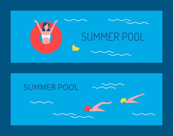 Carteles de piscina de verano e ilustración vectorial de texto — Vector de stock