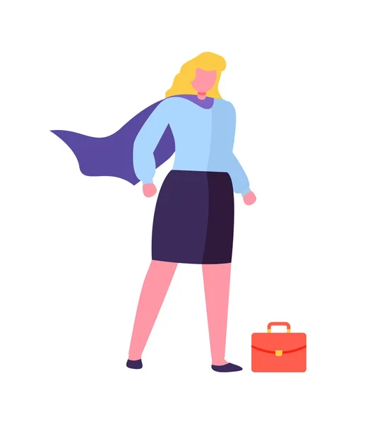 Mujer en abrigo de superhéroe, maletín rojo aislado — Vector de stock