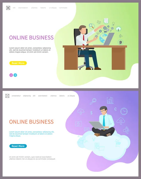 Online Business Worker Sitting on Cloud with PC — Stock Vector