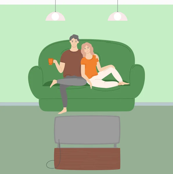 Homme et femme dans le salon Regarder la télévision vecteur — Image vectorielle