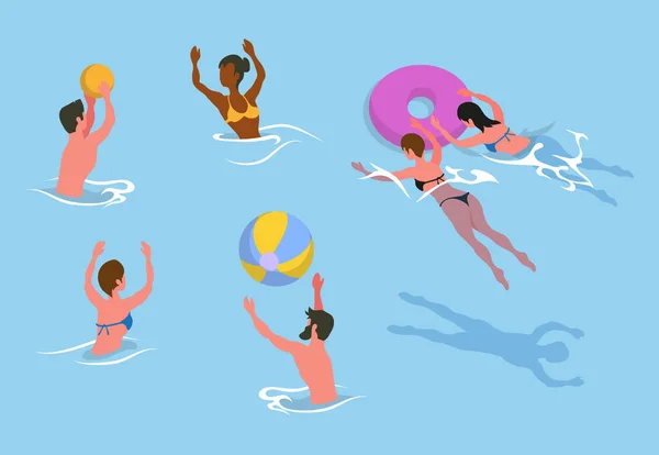 Människor som spelar vatten, simning och vattenpolo spel — Stock vektor