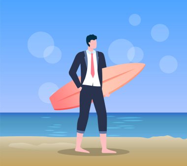 Erkek Holding Surfboard, Plaj Vektör ayakta