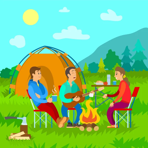 Camping, Feu de camp et tente, Amis avec Guitare — Image vectorielle