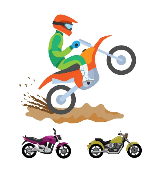 Conjunto de vários itens planos de motos. motos de desenho animado,  motocicletas, scooters e coleção de ilustração vetorial isolado de  bicicletas. conceito de transporte e entrega