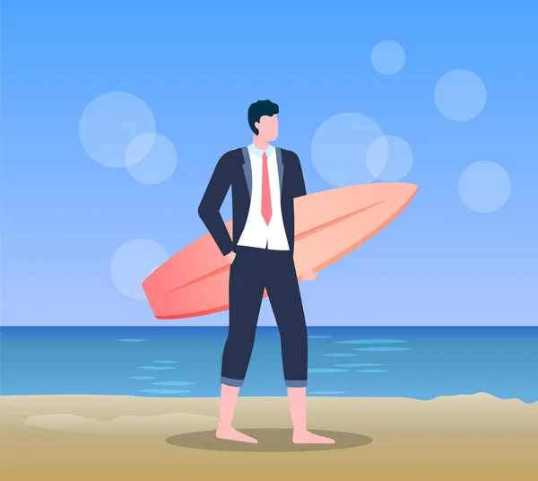 Surfboard Homme Holding, debout sur le vecteur de plage — Image vectorielle