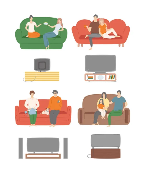 Casa Relajación Personas viendo la televisión por la noche — Vector de stock