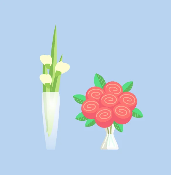 Rosen- und Tulpensträuße in Vase mit Wasserset — Stockvektor