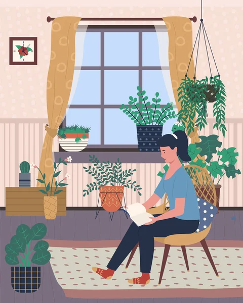 Rum med blommor, flicka läsa bok växthus — Stock vektor