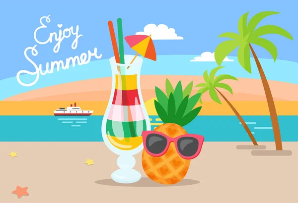 Desfrute de abacaxi de verão e coquetel com palhas — Vetor de Stock