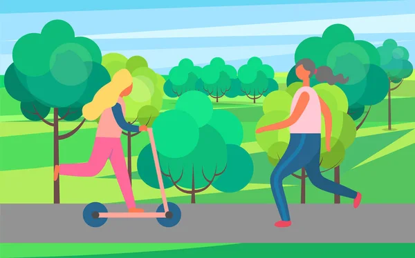 Femme jogging dans le parc et fille sur Kick Scooter — Image vectorielle