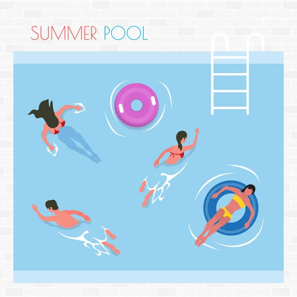 Piscina de Verão Pessoas nadando e deitado em Lifebuoy —  Vetores de Stock