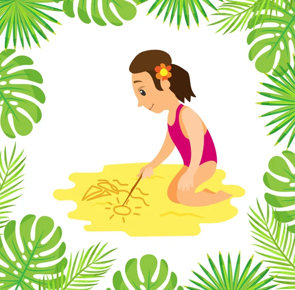 Fille en maillot de bain à la plage Dessin Voilier sur sable — Image vectorielle