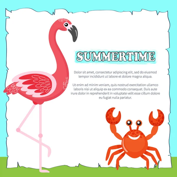 Summertime Poster with Text Pink Flamingo and Crab