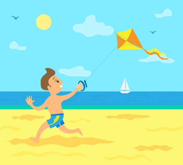 Kid correndo ao longo da costa com papagaio de vento na mão — Vetor de Stock