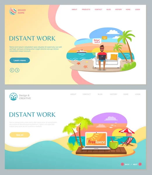 Distant Work with Laptop On Beach, Summer Vector — Stock Vector
