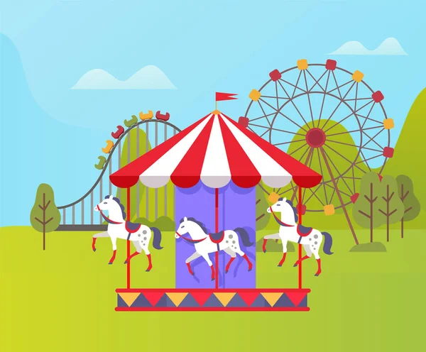 Parque de Atracciones, Rueda de Ferris y Carrusel Naturaleza — Vector de stock