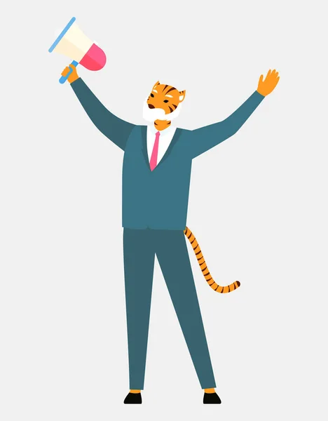 Man Tiger Head and Tail Holding Loudspeaker Scream — Stock Vector