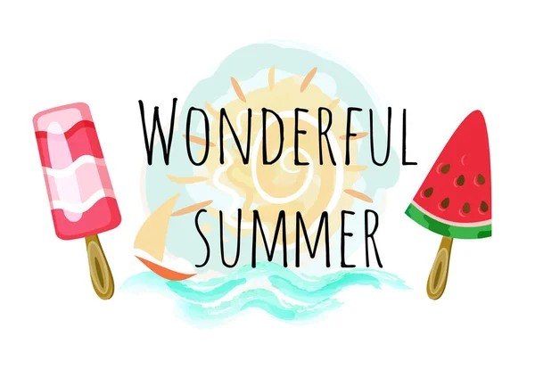 Wonderful Summer Poster with Two Ice Cream and Sun — 스톡 벡터