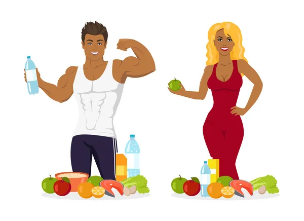 Woman and Man Bodybuliders Eating Healthy Food — Stock Vector
