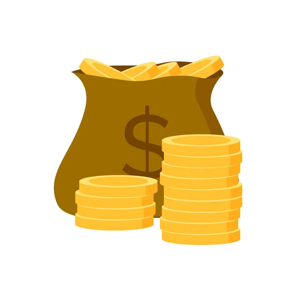 Symbol hotovosti, zlaté mince v pytli, dolarový vektor — Stockový vektor