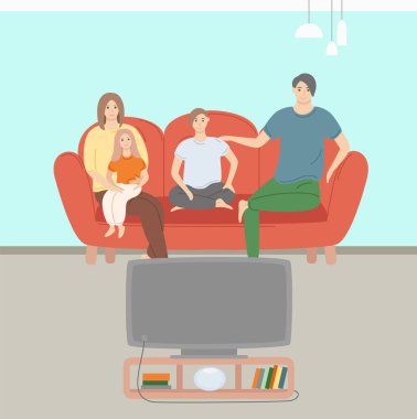 Anne ve Baba, Kızı ve Oğlu Tv Vektör ü izliyor