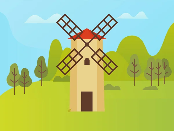 Windmill Construction, Nature Park with Trees — 스톡 벡터