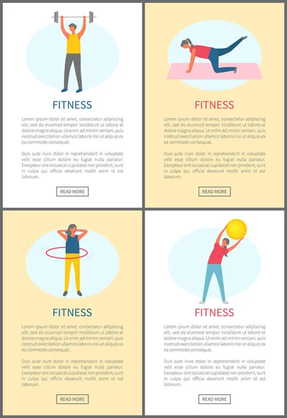 Fitness Workout, People Doing Exercises Web Set — Stock Vector