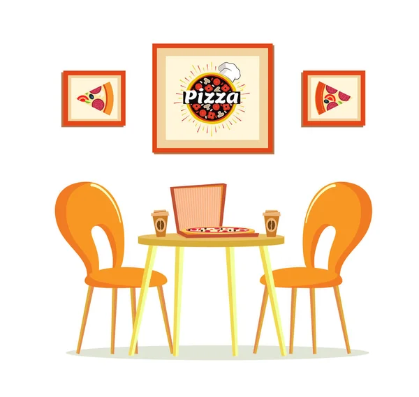 Pizza House, Pizzería con mesa y tazas de café — Vector de stock