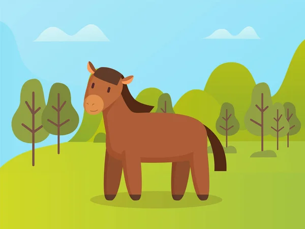 Коричневый дикий анимал, лошадь возле зеленых деревьев — стоковый вектор