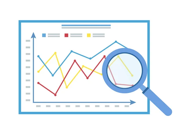 Vergrootglas op analytische diagrammen, zoeken — Stockvector