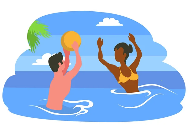 Pareja jugando pelota en el mar, Vector de vacaciones de verano — Vector de stock