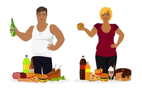 Personas con sobrepeso, comida rápida o vectores poco saludables — Vector de stock